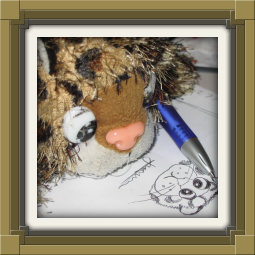 Junior drawing himself with a ballpoint pen.