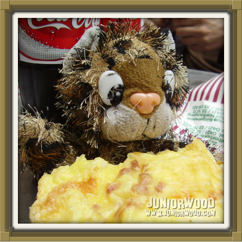 Junior enjoying a cheese bun at Werder-Bäcker-Bünger in Bremen